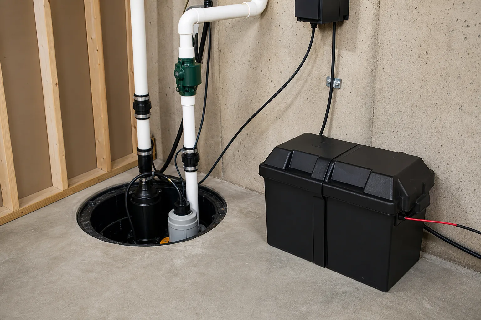 Unbranded battery backup sump pump system with primary pump, backup pump, PVC piping, and battery box