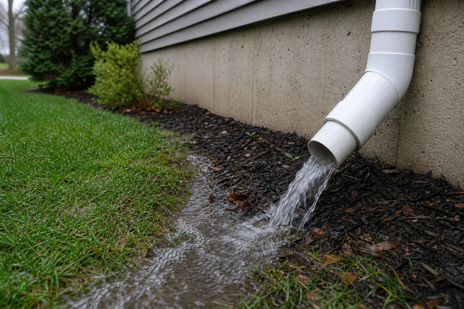 Exterior residential discharge pipe moving water away from a foundation after rain