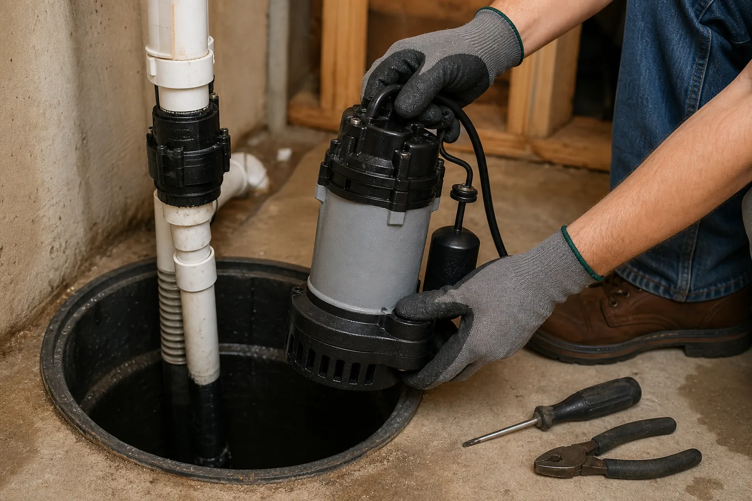 Gloved hands positioning an unbranded sump pump near an open basement sump basin
